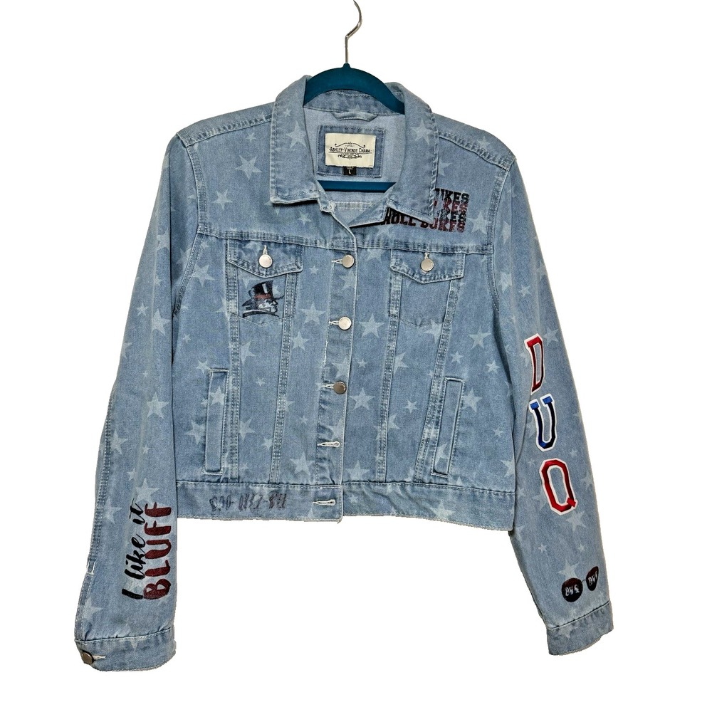 Ashley Vintage Charm DUQ Denim Jacket Junior Women  L Duquesne Roll Dukes Custom